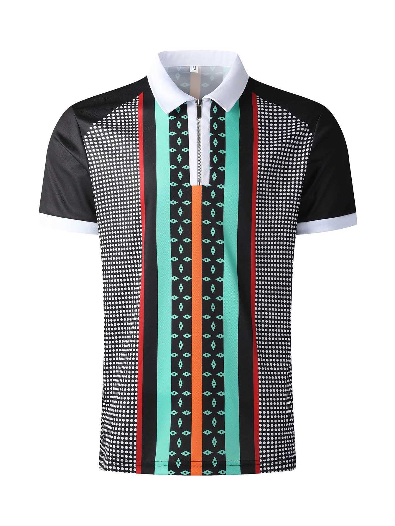 Mens Casual Short Sleeve Polo Shirt Fashion Dot Printing Lapel T-shirt Mens Breathable Zip Polo Shirt Summer Mens Clothing XJ250605