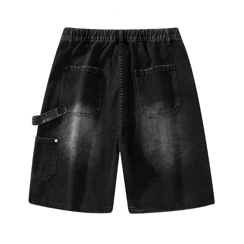 Fashion Streetwear Mens Denim Shorts Summer Loose Vintage Harajuku Splicing Hiphop Cargo Moto Short Jeans Black Blue 250604
