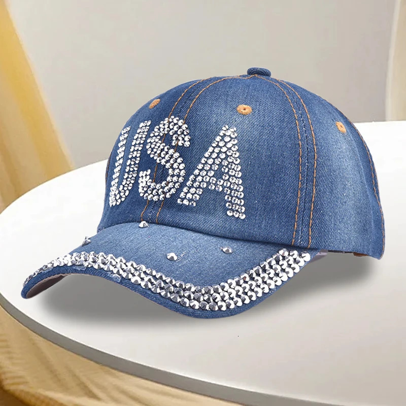 Women s Sparkling Rhinestone Embellished Adjustable Baseball Cap with Ponytail Opening for 4th of July Celebration 250603