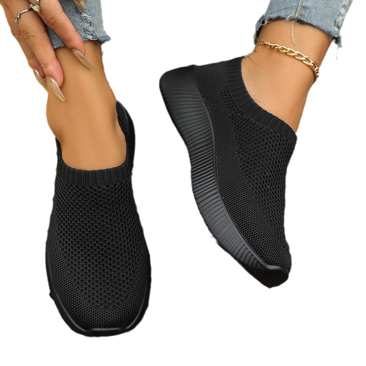 Plus Size Lightweight Mesh Sports Women S Flyknit Casual Casual Shoes Slip On Wedge Thick Sole Single Shoes Ddmysaturn