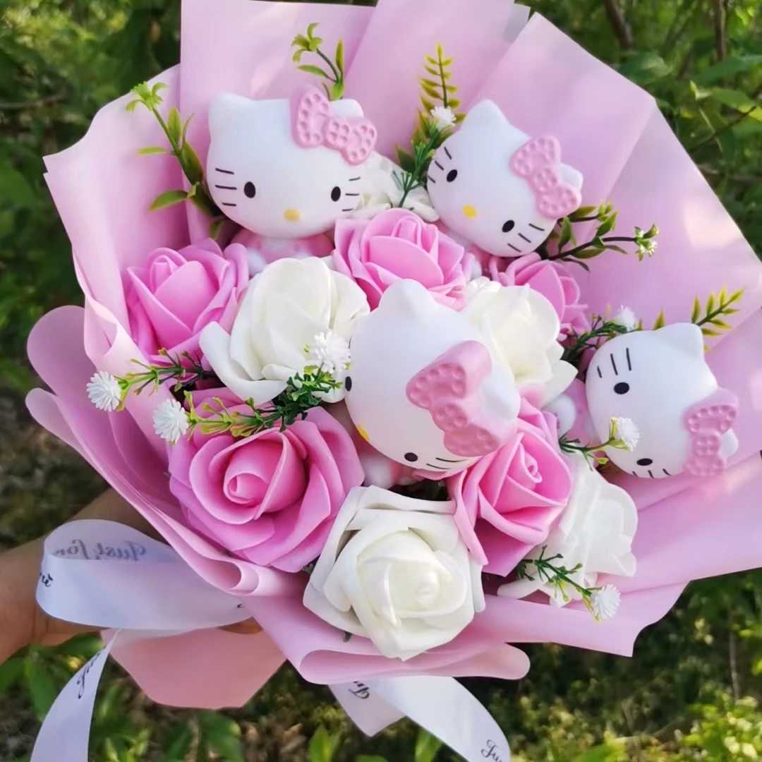 Anime Hello Kitty Cartoon Plush Bouquet Sanrio Artificial Rose Flowers Doll Christmas Home Wedding Decoration Valentines Day Giw250605