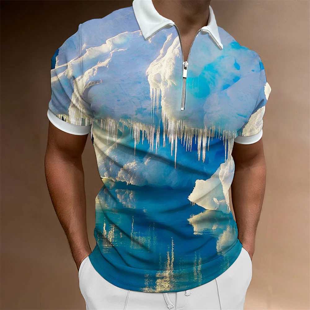Mens Fashion Polo Shirts 2022 Summer Glacier Pattern Zipper Mens Polo Shirt Solid T-shirt Brand Short-sleeved Shirt Casual Tops XJ250605