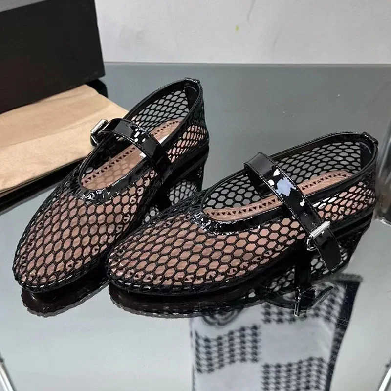 Designer Sandals Women Mesh Hollow Flats Mary Janes Elegant Loafers low heels Ballet Shoes Summer Light Comfort Walking Shoes sandale