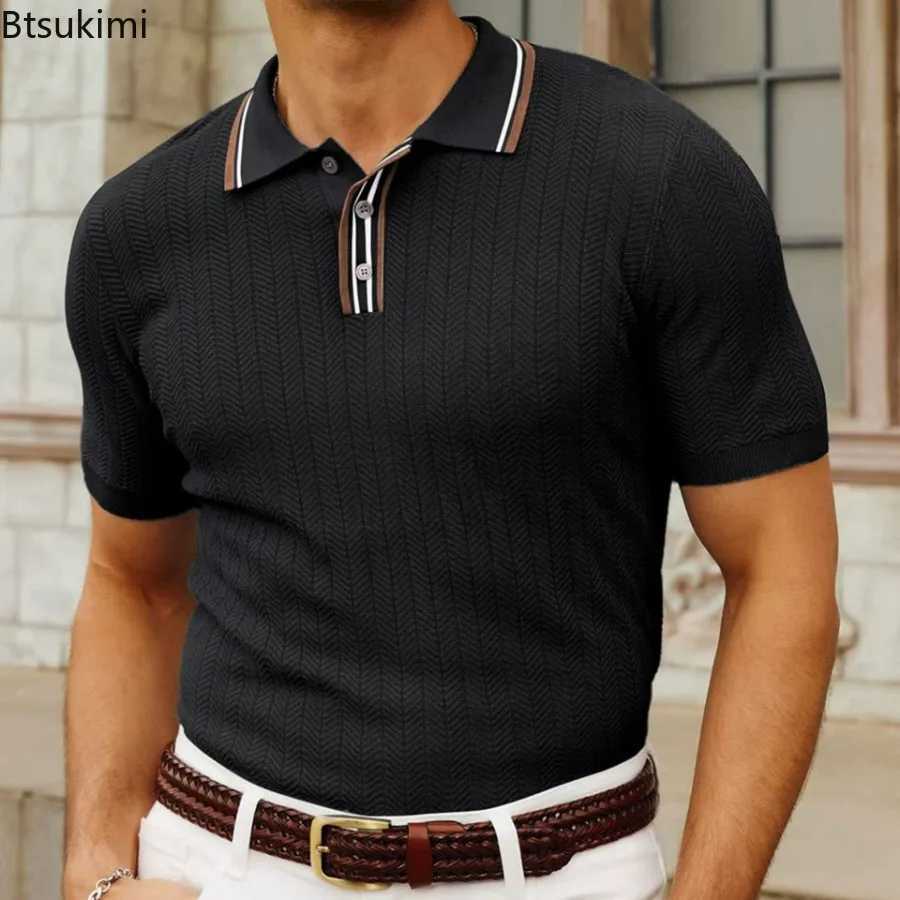 2025 Mens Striped Short Sleeve Knitted Shirts Summer New Comfy Breathable Casual Business Polo Shirts Men Golf Sport Loose Tops XJ250605