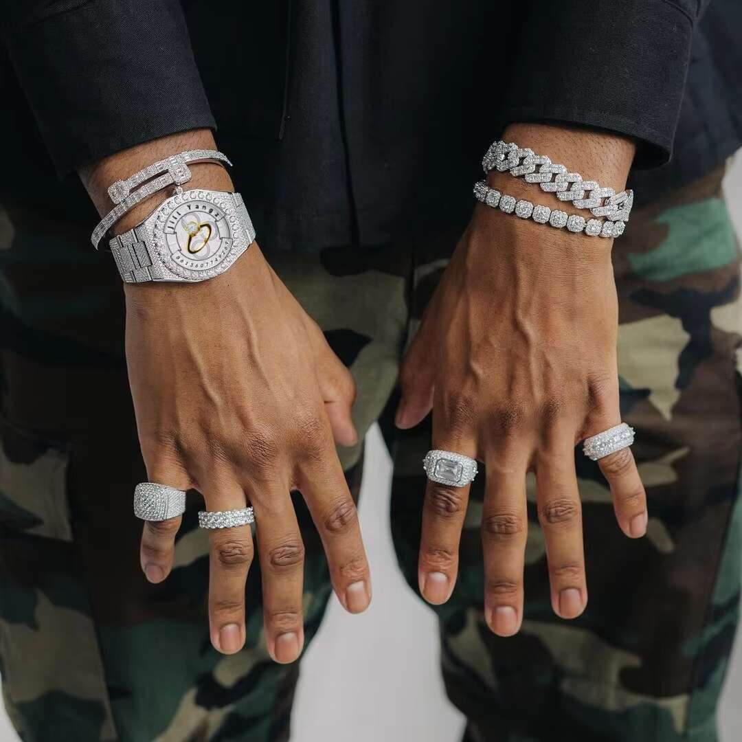 Ready Stock Good Quality Affordable Iced Out Bangle Bracelet 18k Gold Plated Necklace Moissanite Jewelry Hip Hop Rock Gifts