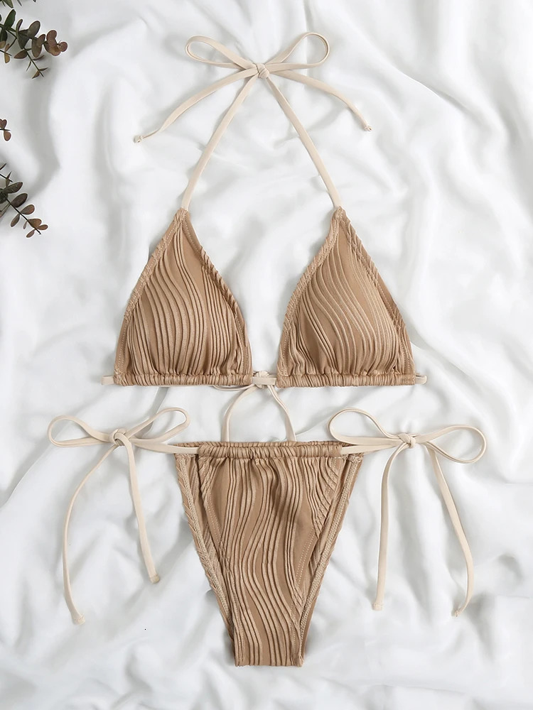 OIINAA Pleated Bikini Set Women Sexy Swimsuit Halter Lace Up TwoPiece Backless Female Swimwear Bathing Summer Fashion Beachwear 250604