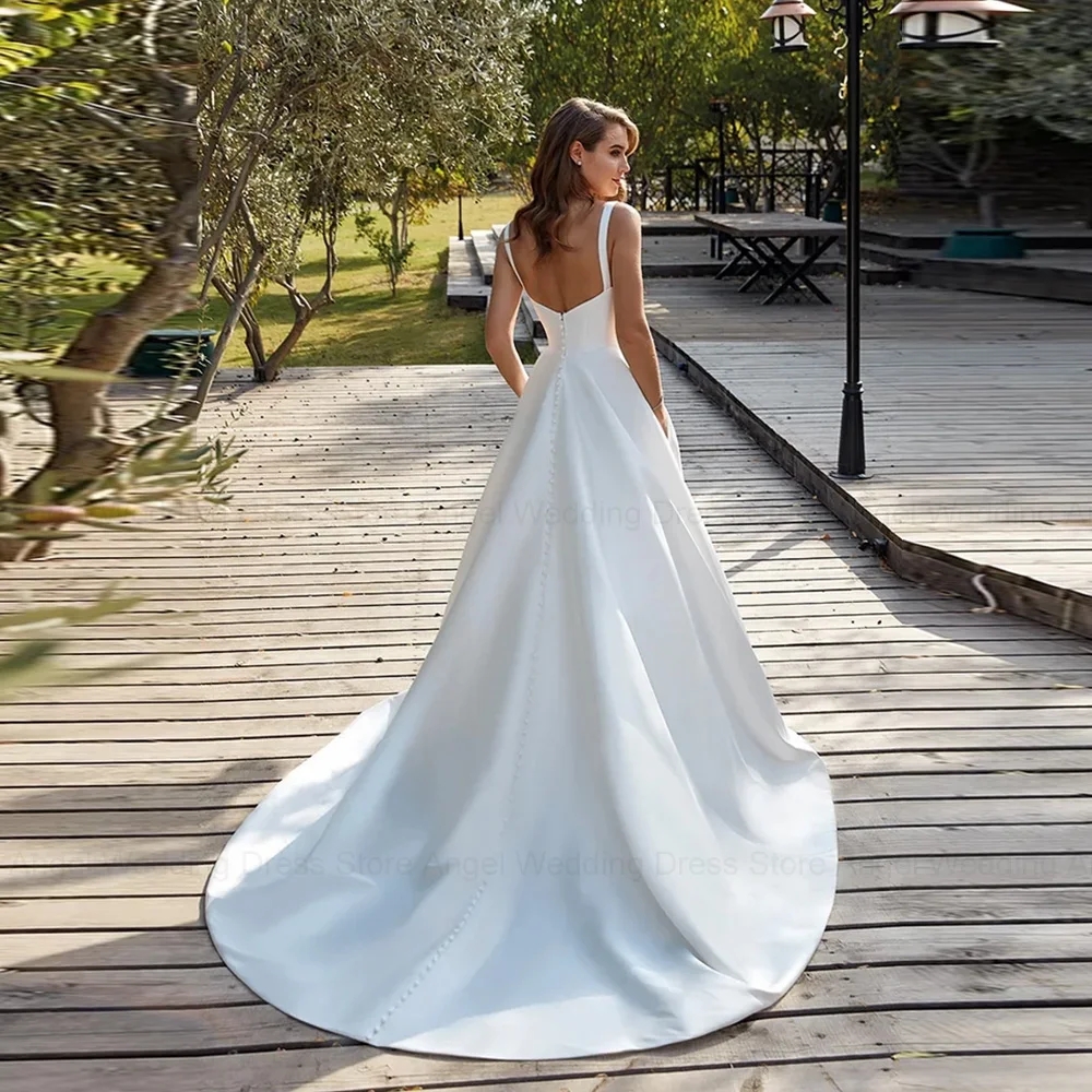 2025 Elegant A-Line Wedding Dress Sweetherat Backless Buttons Straps Women Satin Bride Bridal Gowns Button Plus Size Vestidos De Novia