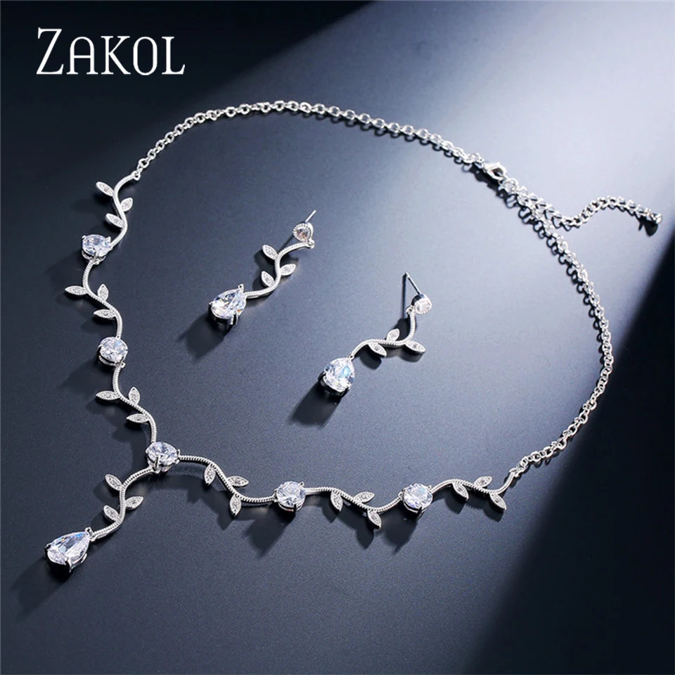ZAKOL Classic Cubic Zirconia Crystal Bridal Jewelry Sets Elegant Leaf Shape Choker Water Drop Earrings Wedding Dress for Women 250530