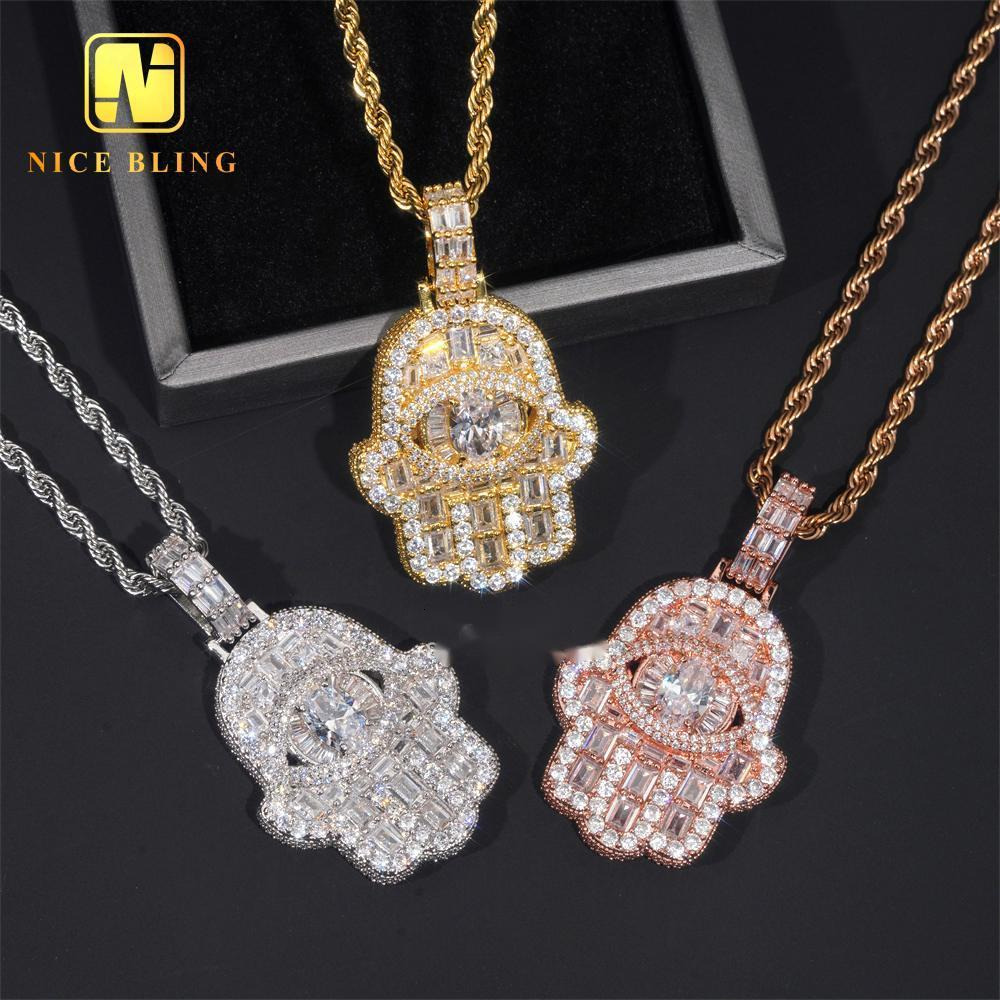 Cheap Price Hamsa Hand Pendant Brass Jewelry Hip Hop Iced Out Emerald Moissanite Diamond Big Eyes Hand Pendant for Men Women