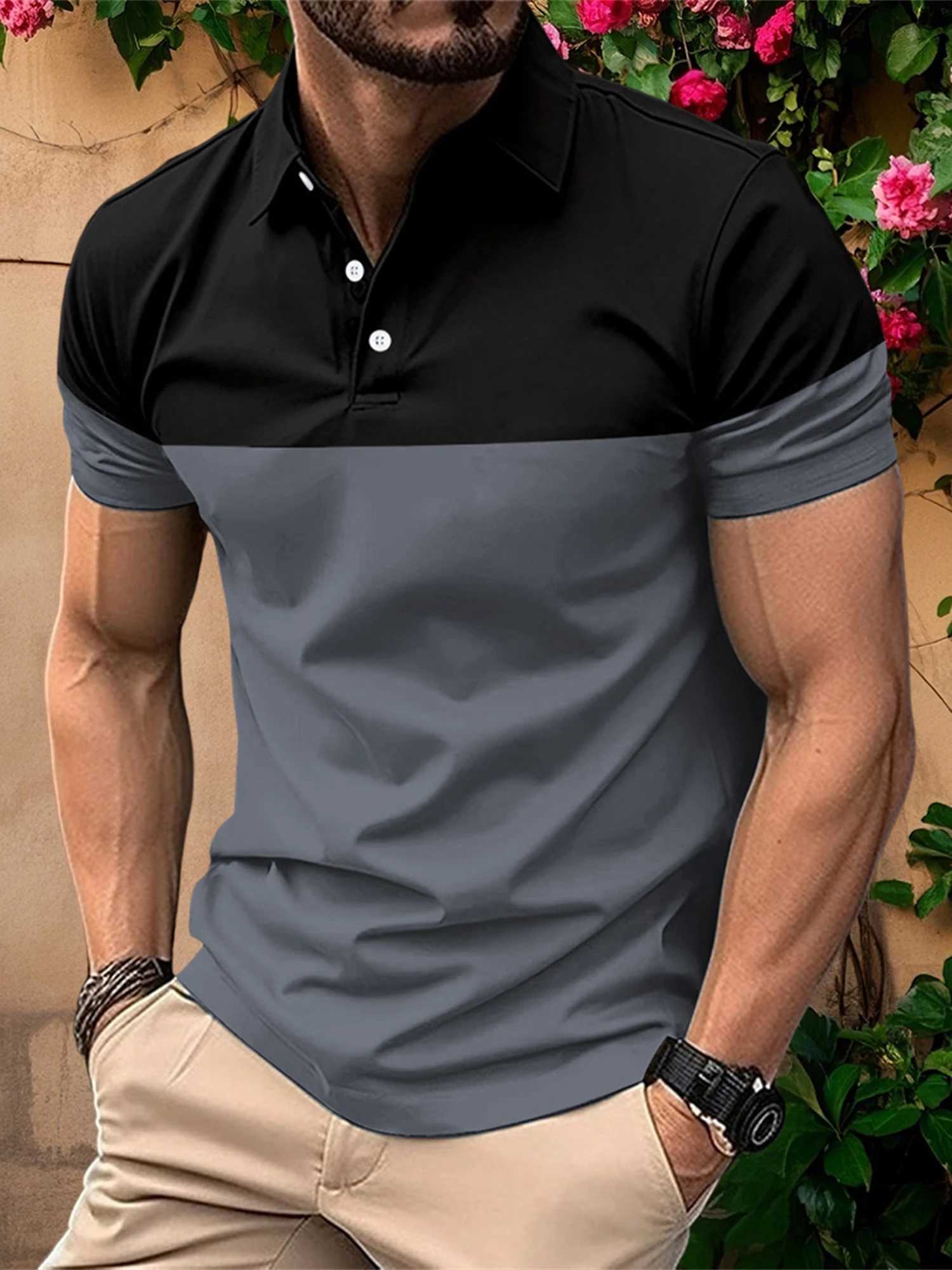 Casual Mens V Neck T-Shirt with Button Lapel and Stylish Contrast Color Design Perfect for Summer Outfits XJ250605