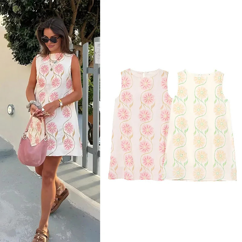 TRAF Print Short Dress Spring Prairie Chic Sleeveless Womens Loose O Neck Simple Midi Casual Lady Dresses 250604