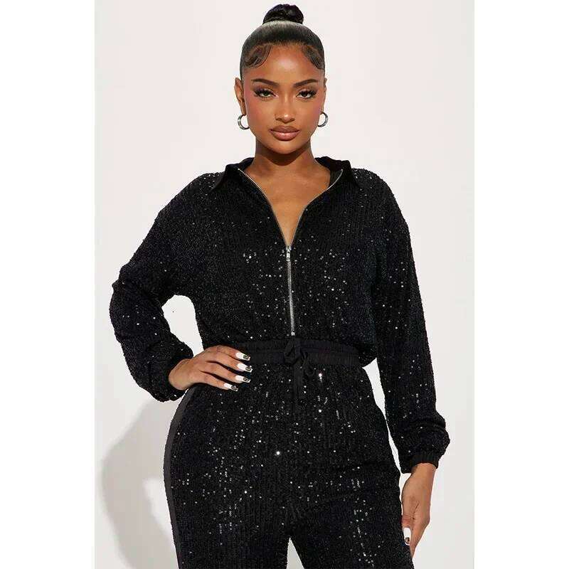 Women Sexy Deep V Jumpsuits Sequins Long Sleeve Zipper Elegant Spring Autumn Thin Female Casual Street Straight Rompers