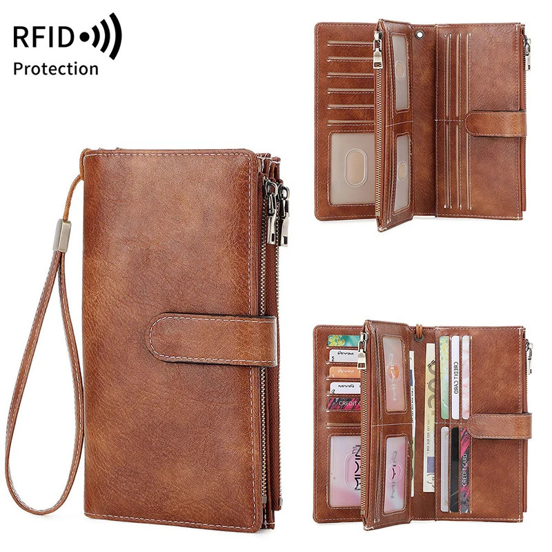 Vintage Womens Long Wallets Large Capacity Trifold Credit Card Holder RFID Blocking Purses for Women Ladies Zipper Pocket Bag 250605