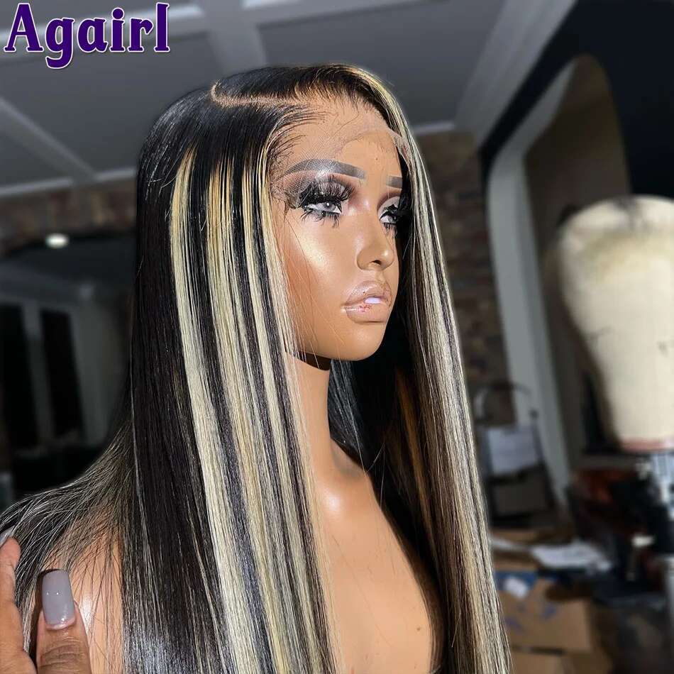 1B/27 Highlight 13X4 13x6 Frontal Human Hair Wigs 200% Blonde Brown Ready Go PrePlucked 34Inch Bone Straight Lace Front Wig