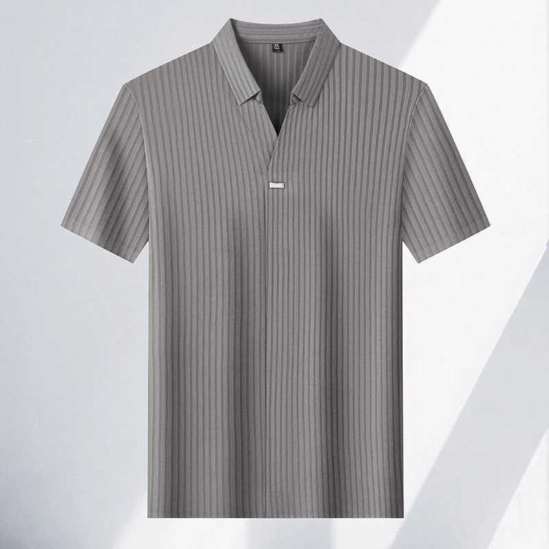 High quality personality texture striped short sleeve polo shirt summer ice silk breathable buttonless mens solid color T-shirt XJ250605