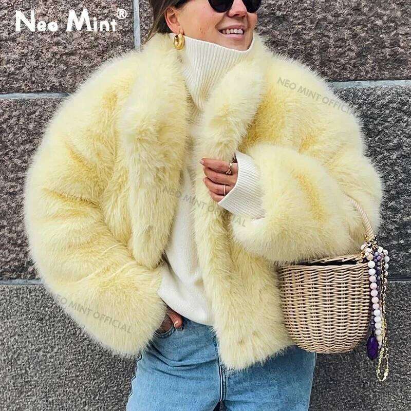 Neo Mint 2024 Winter Women Yellow Faux Jacket Chic Girls Fashion Streetwear Thicken Warm Stand Collar Fox Fur Coat Outerwear