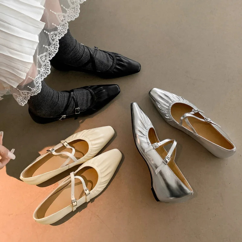 S2509 Soft Crinkled Lambskin Mary Jane Flats Spring 2025 Chunky Pointed Toe Genuine Leather Womens Shoes 250603