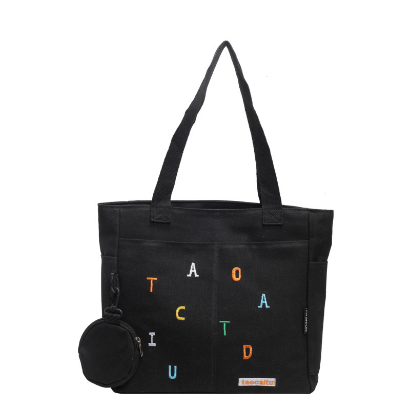 designer Large Capacity Canvas Bag for Women 2025 New Trendy Embroidered Letter Handbag Fresh Style Student Shoulder Tote Bag