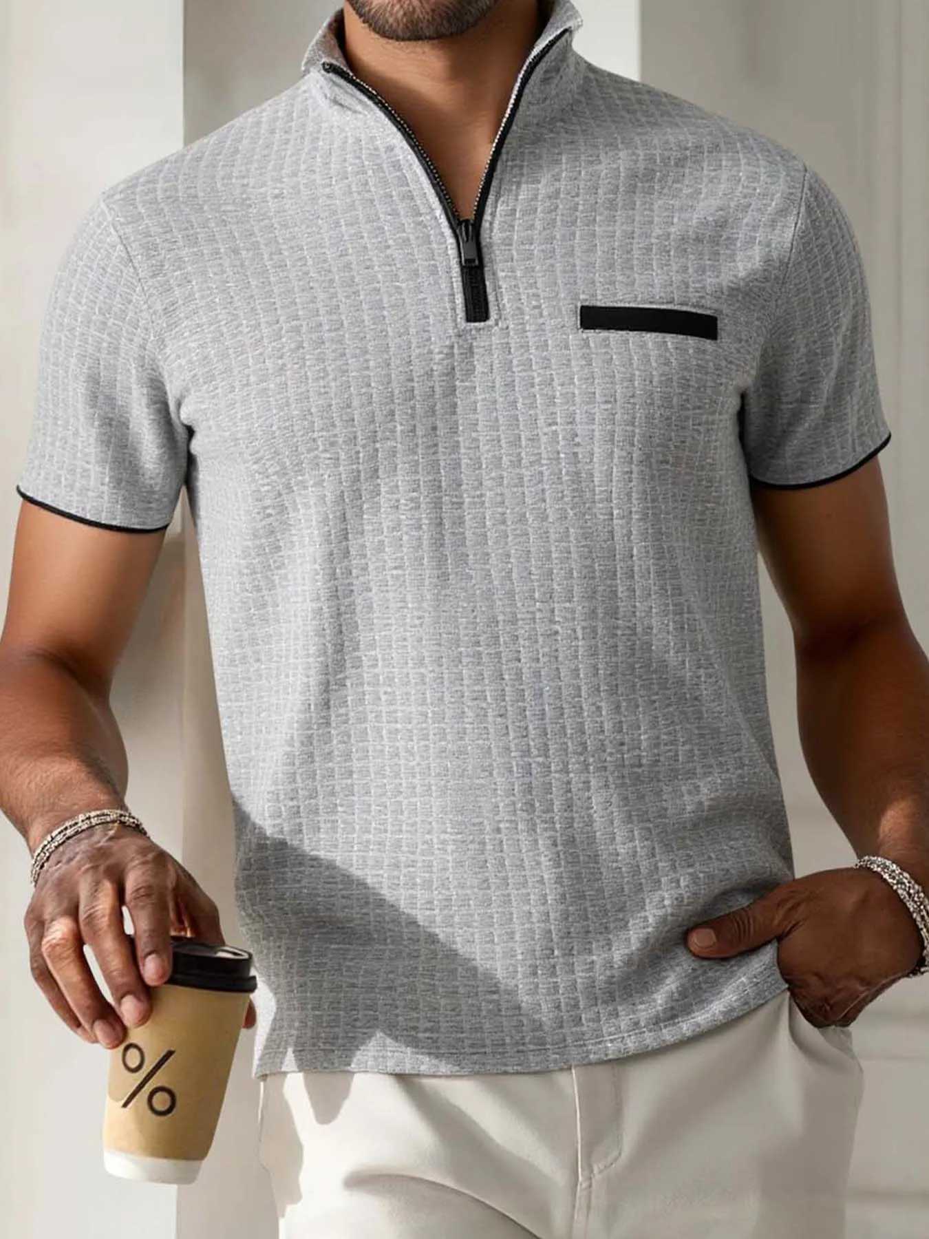 Mens sporty casual and simple POLO shirt with jacquard check pattern stand-up collar semi-zipper slim short-sleeved shirt XJ250605