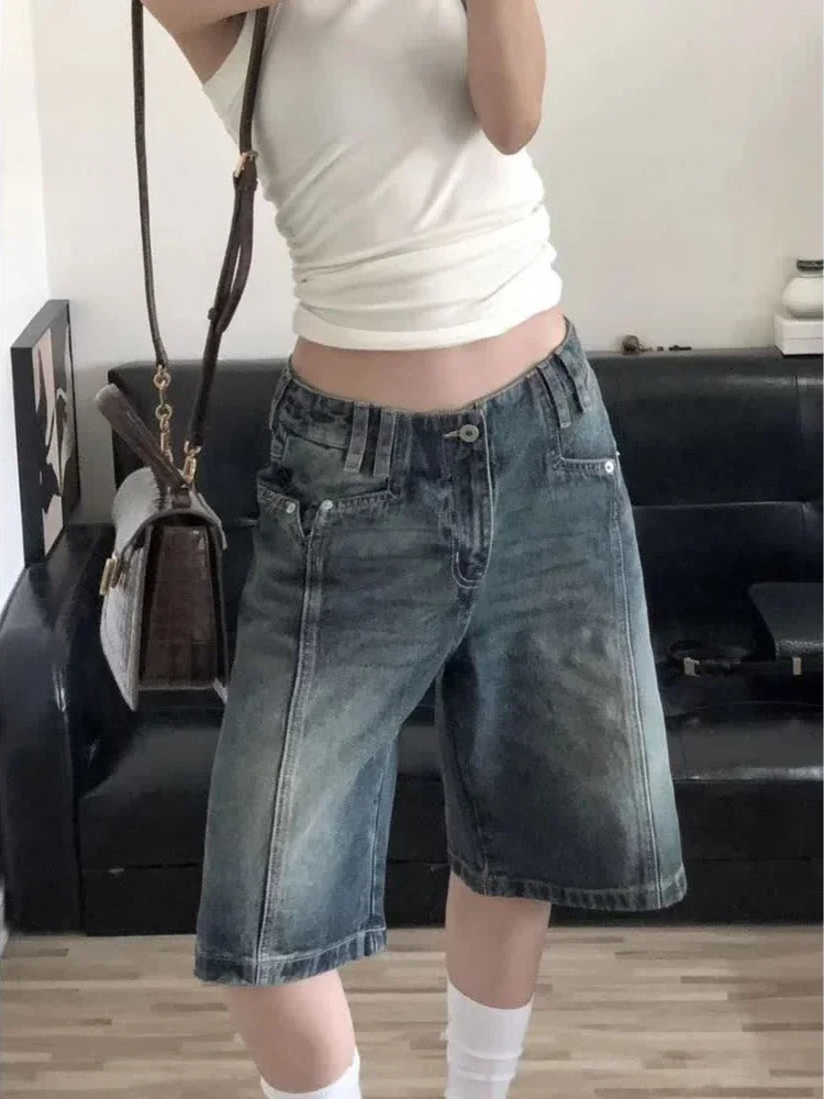 HOUZHOU Y2K Vintage Women Denim Shorts Baggy High Waist Korean Wide Leg Jorts Casual Oversize Washed Jeans Streetwear Summer 250604