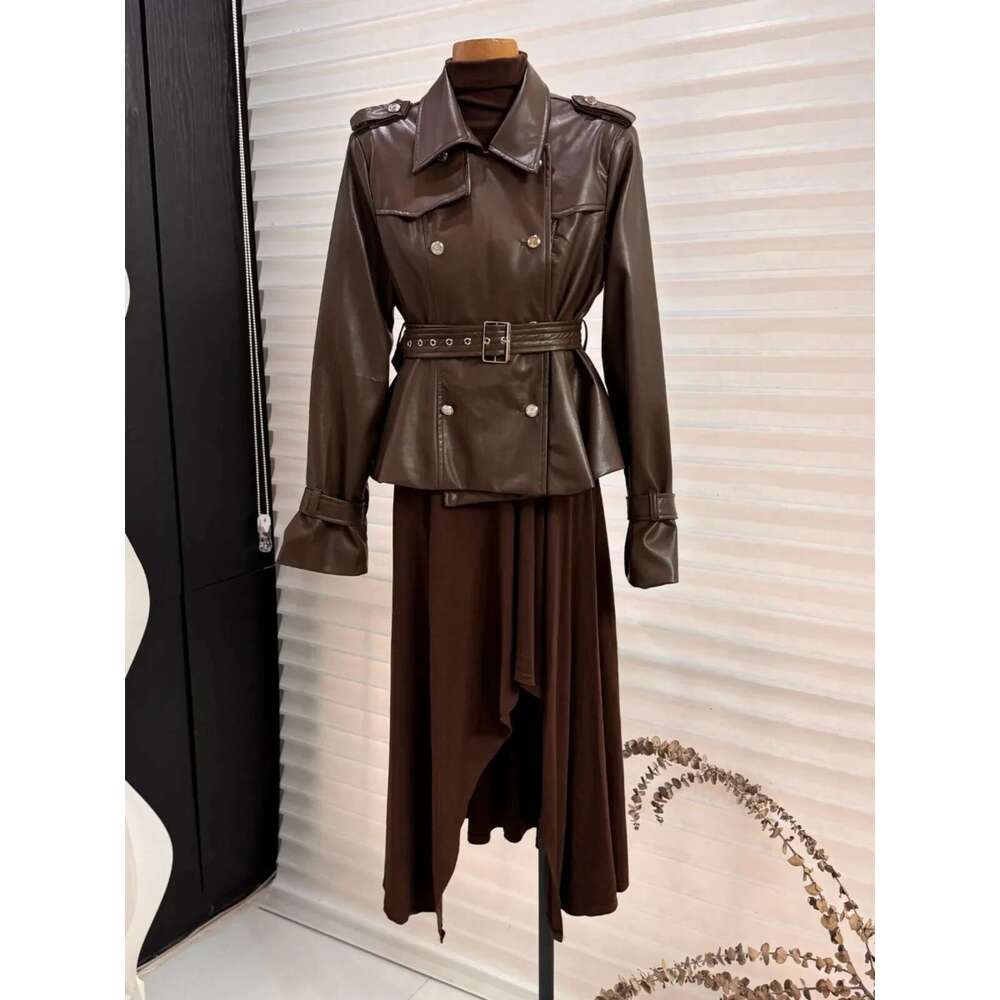 Autumn New Lapel High Waist Cool Girl Short Leather Women's Slim Fit Double Breasted Long Sleeve Motorcycle Jacket