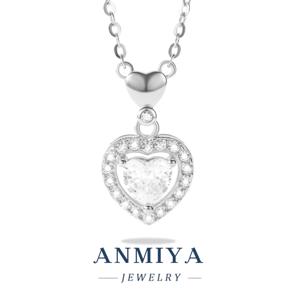Classic 925 Silver Jewelry Heart Zircon Inlay Pendant Necklace with Heart Shackle for Anniversary Gifts