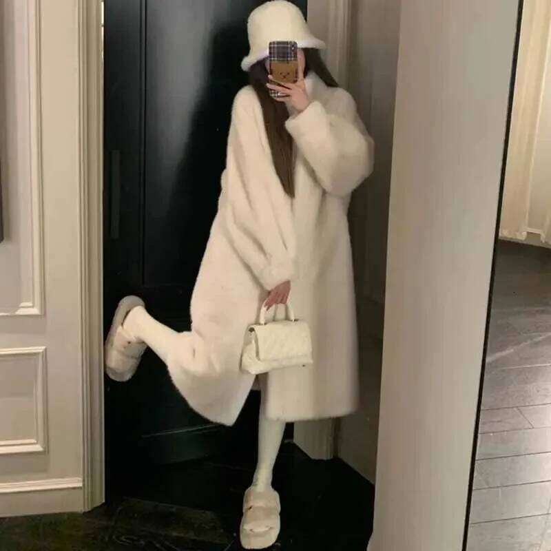 Ladies Fashion Stand Collar Mink Plush Outwear Women Leisure Sleeves Thicken Coat Winter Female Long Faux Fur Jacket