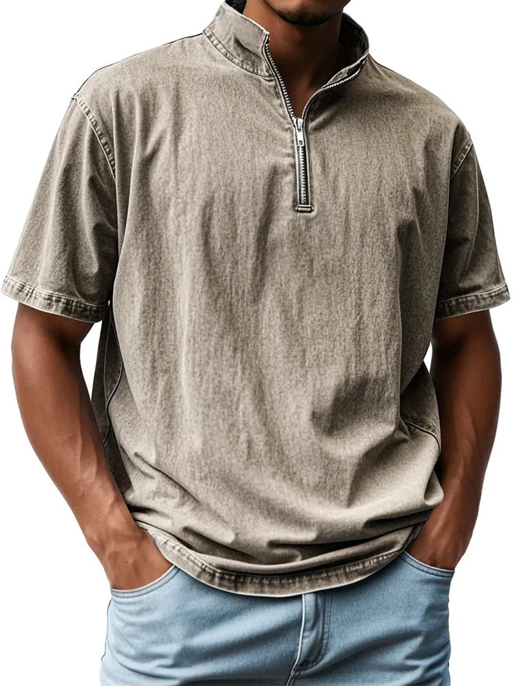 Vintage Loose Solid Color Polo Shirt Mens Fashion Zip-up Stand Collar Tops Men Summer Casual Short Sleeve Polo Neck Pullover Top 250530
