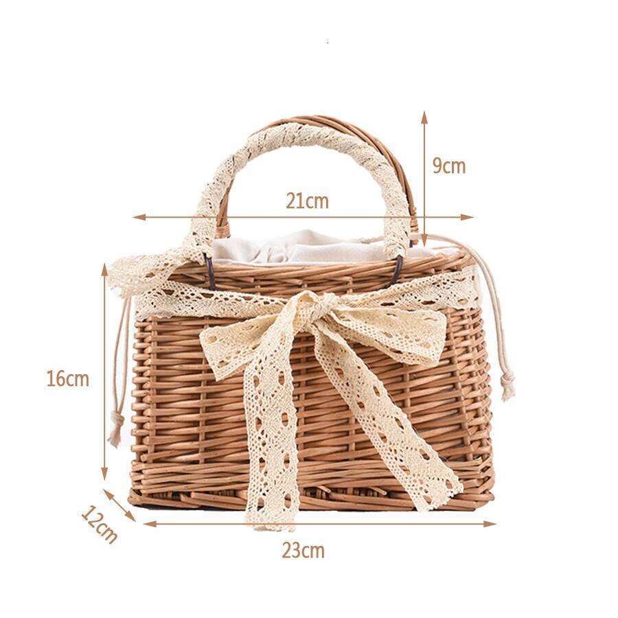 Casual Pearl Handle Women Handbag Summer Quality Rattan Handmade Tote Fashion Shoulder Bags Ribbon Bow Women's Bag