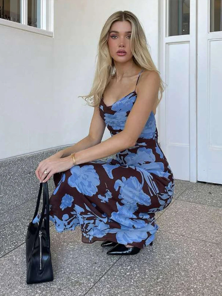 Sisterlinda Summer Release Junior Fashion Sexy High Street Long Dress K25D70027 Girl Printing Halter Slim Cleavage Backless Robe 250604