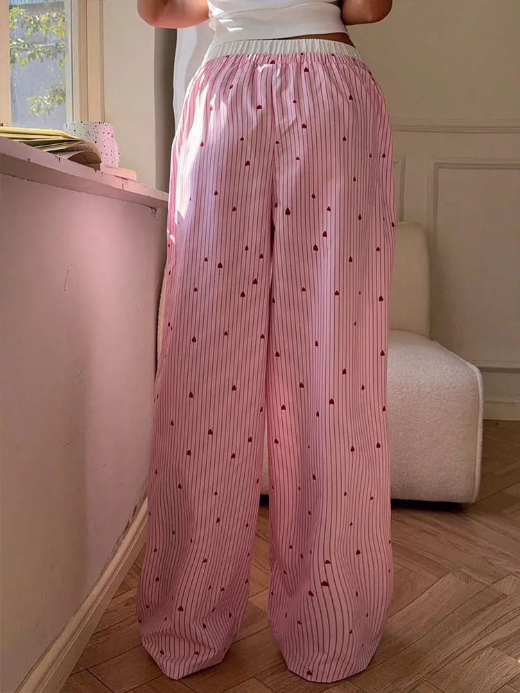 Summer Womens Trousers Streetwear Fashion Striped Print Love Laceup Casual Slim Pink Sexy Sweet Female Clothing 250604