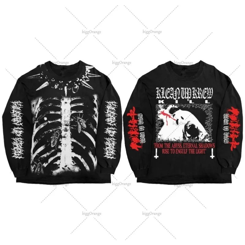 Gothic Harajuku Y2K Streetwear Graphic Top Men Vintage Retro Skeleton Round Neck Long Sleeve Hip Hop Casual Pure Cotton Tshirt 250605