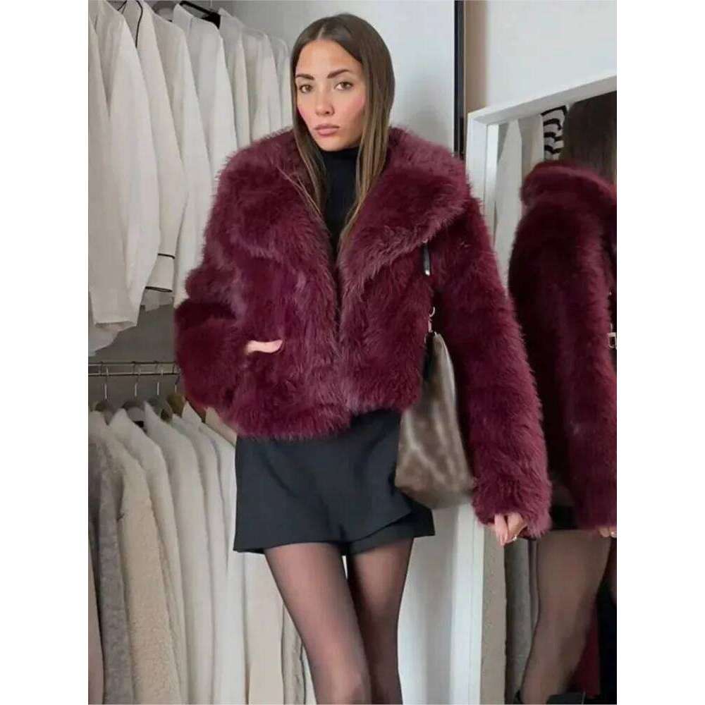 Retro Bury Short Warm Coat Women Fashion Elegant Solid Color Loose Lapel Long Sleeves Faux Fur Jacket New High Street Coats