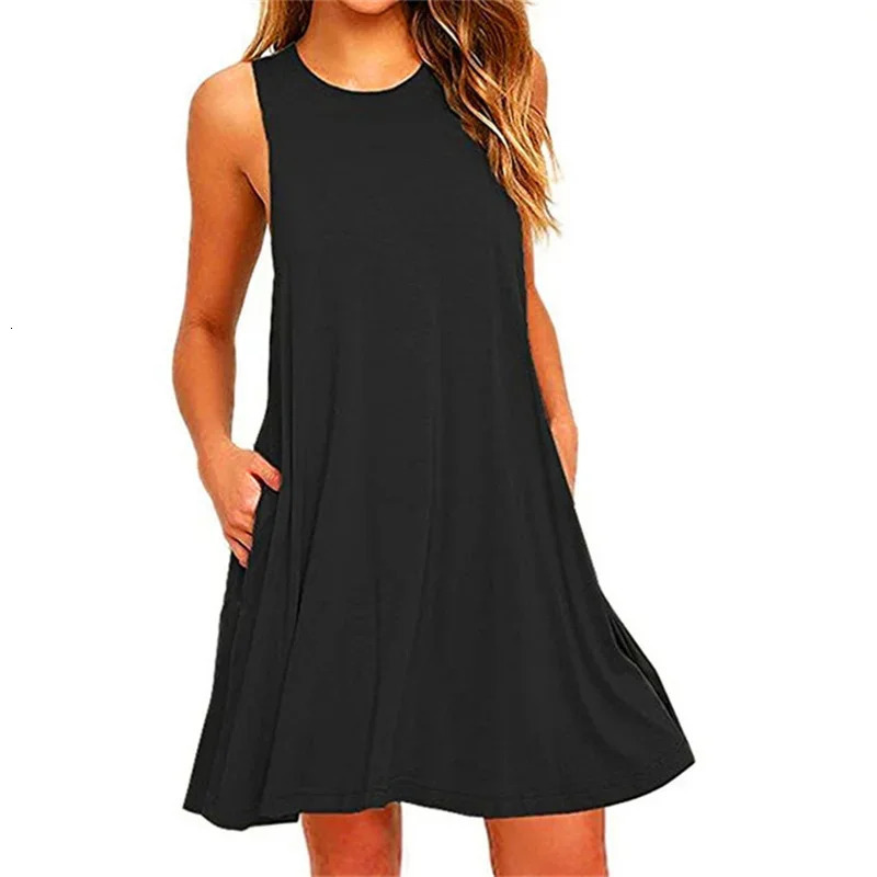 Womens Dress Summer Casual T Shirt Dresses Beach Cover up Plain Pleated Tank Pockets 250526
