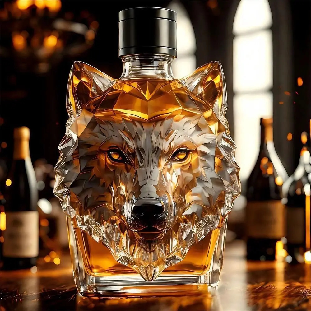 Unique Wolf Head Shape Whiskey Bottle 300 Ml Transparent Glass Decanter Sturdy with Cover Wine Glass Home Bar 250605