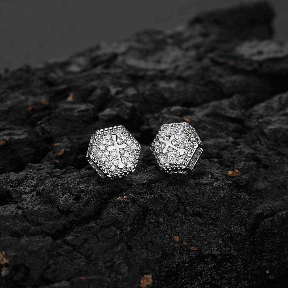 New Hexagonal Cross Moissanite Earstuds Trendy Brand Personalized Full Diamond Hip Hop Mens and Womens Earrings