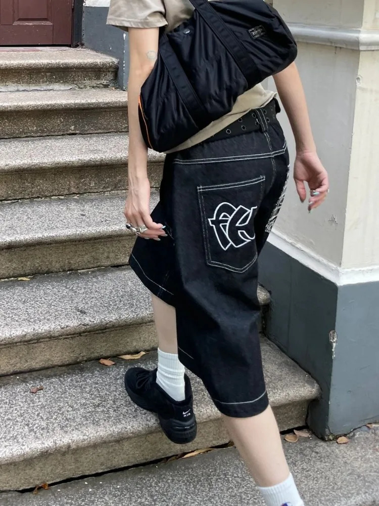 HOUZHOU Vintage y Y2k Jorts Women Hip Hop Style Baggy Denim Shorts Grunge Streetwear Black Wide Leg Knee Length Shorts 250604