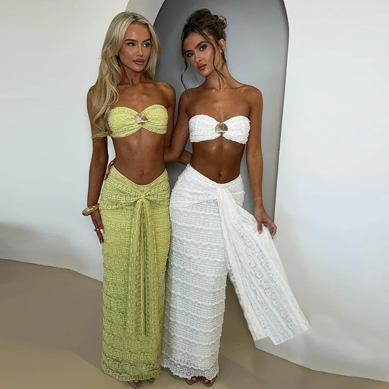 VEITCHE Fashion Women Lace Off Shoulder Bikini And Skirt Swimsuit Sexy Biquini Lady 2Pcs Set Swimwear Female Beachwear Outfits 250604