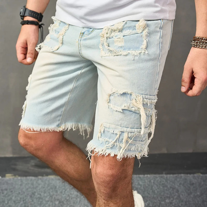 Y2K Style Ripped Mens Denim Shorts Summer Trendy Solid Color Slim Fit Jean Shorts Men Vintage Straight Denim Short Pants 250529