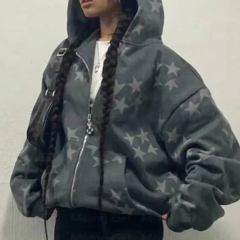 Women Long-Sleeved Zip Hoodie Jacket Oversize Streetwear Vintage Fashion Star Graphic Fairy Grunge Men Y2k Clothes Emo Pullover