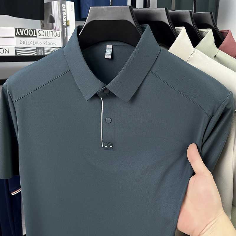 Luxury Summer Mens Non-mark Lapel Polo Shirt Business Casual Short Sleeve Cold Comfortable Solid Color Short Sleeve T-shirt TopXJ250605