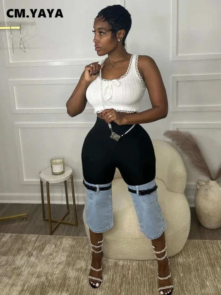 CMYAYA Women Streetwear Ripped Jeans Summer Patchwork Chic INS High Waist Fly CalfLength Knee Length Denim Pants 250604