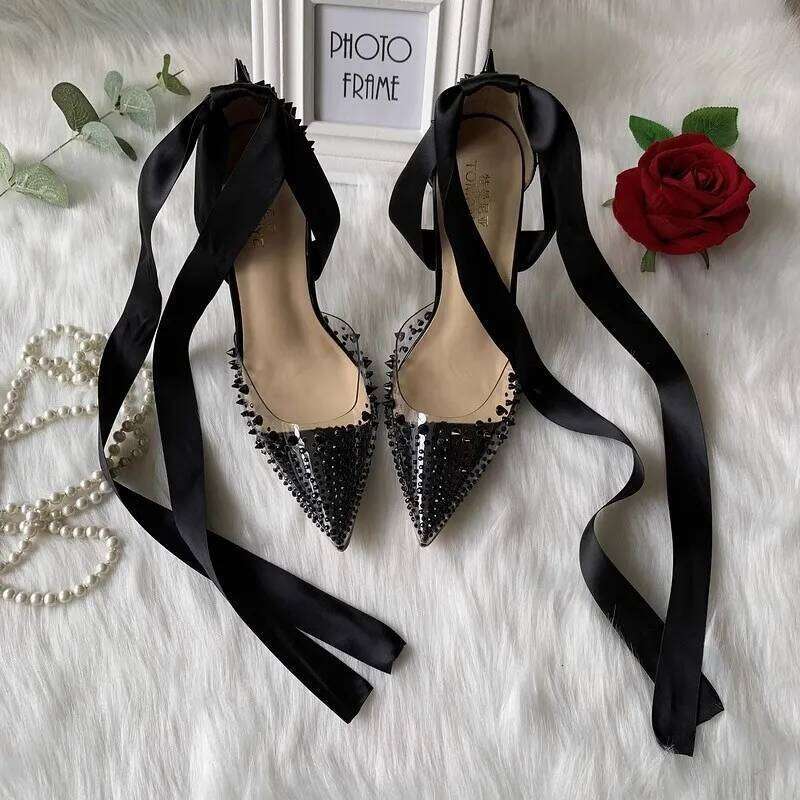 Spring and summer new rivet rhinestone pointed toe PVC lace-up shoes thin high-heeled dress large small size women's sandal