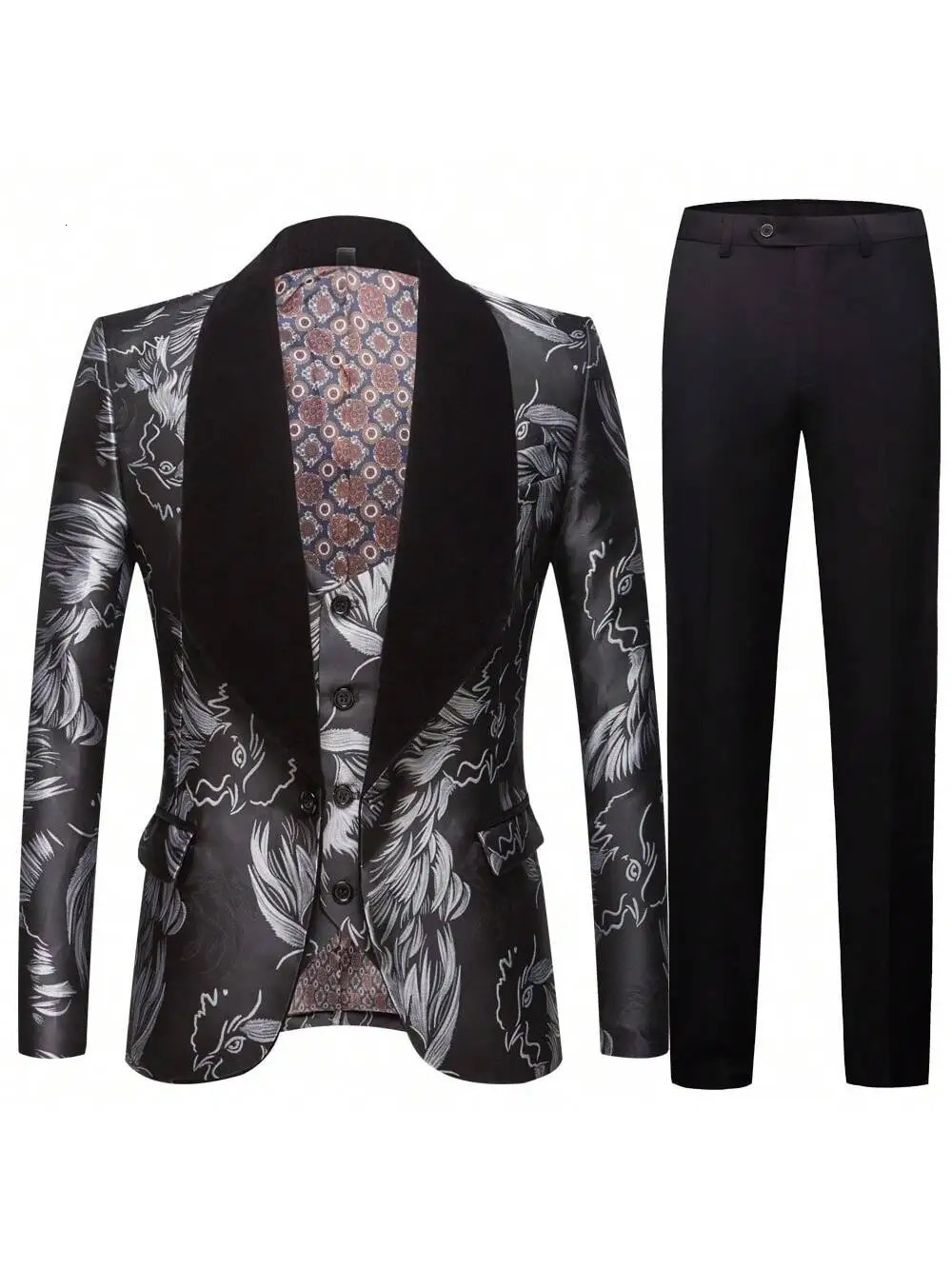 Mens 3 Piece Floral Tuxedo Jacquard Slim Suit Set Paisley Blazer Vest and Pants for Prom Wedding 250530