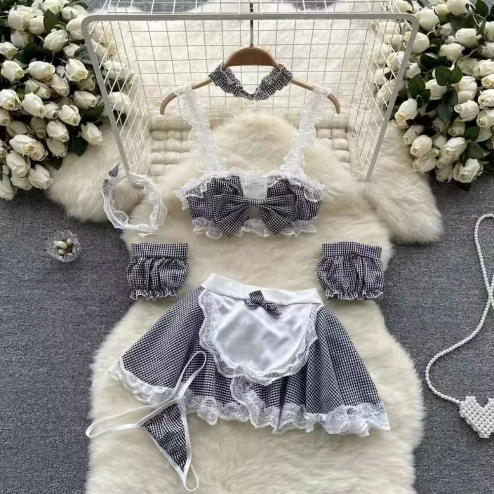 Ruffle Sweet Bow Plaid Strap Camisole Top Lace Patchwork Mini Skirt Maid Cosplay Uniform Womens Sexy Erotic Lingerie Nightwear 250605A