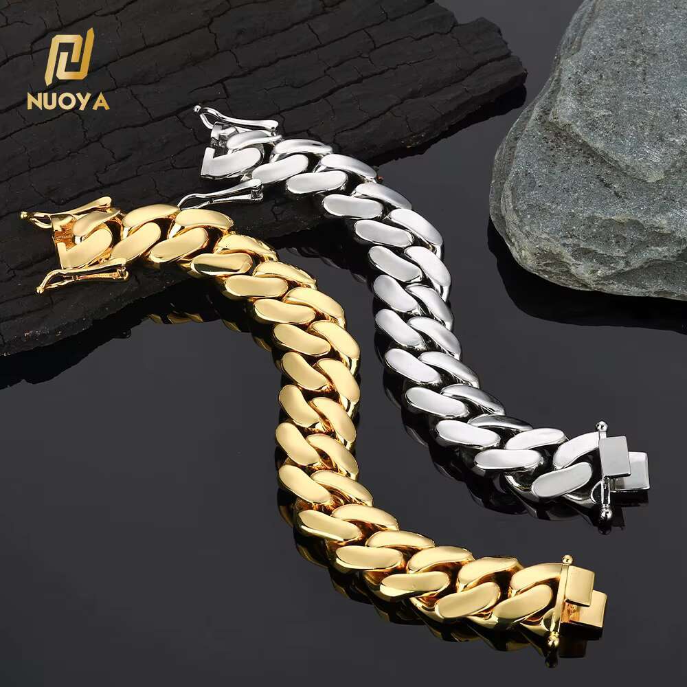 Luxury 18K Gold Plated Flat Cuban Chain Bracelet for Men High Polished Smooth Cuban Bracelet Hip Hop Jewelry Wholesale