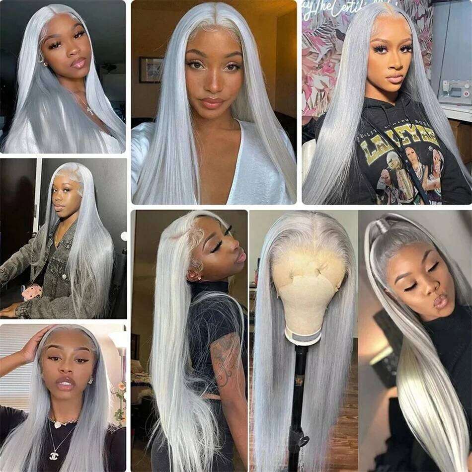 HD 13x6 Sliver Grey Front Colored Wigs ASH Blonde Gray Straight Lace Frontal Wig 100% Human Hair Pre Plucked