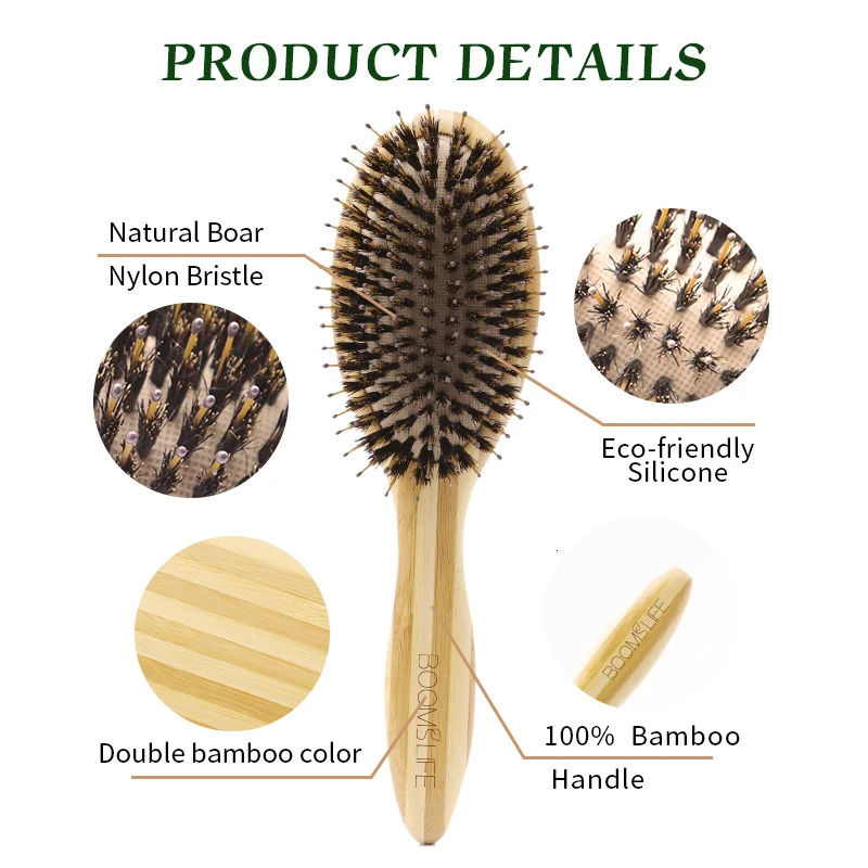 BOOMSLIFE Soft Boar Bristle Hair Brush Professional Women Bamboo HairBrush Massage Bamboo Comb for Hair Beauty Care Salon Tools 250603