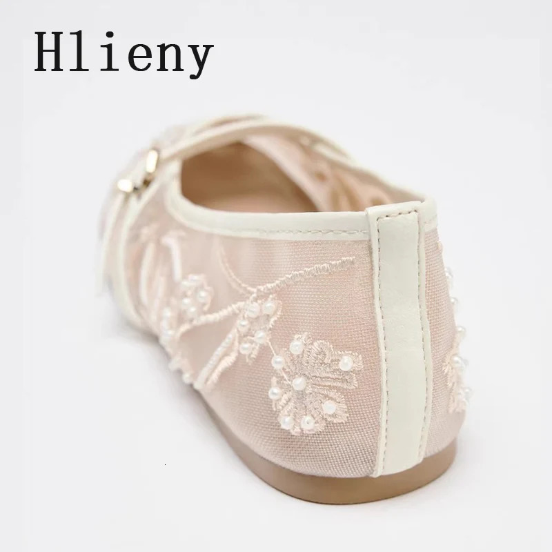 Hlieny Woman n Embroidery Flowers Pearl Mesh Round Tor Buckle Strap Ballet Flats Loafers Ladies Mary Jane Shoe Mules Sandal 250603