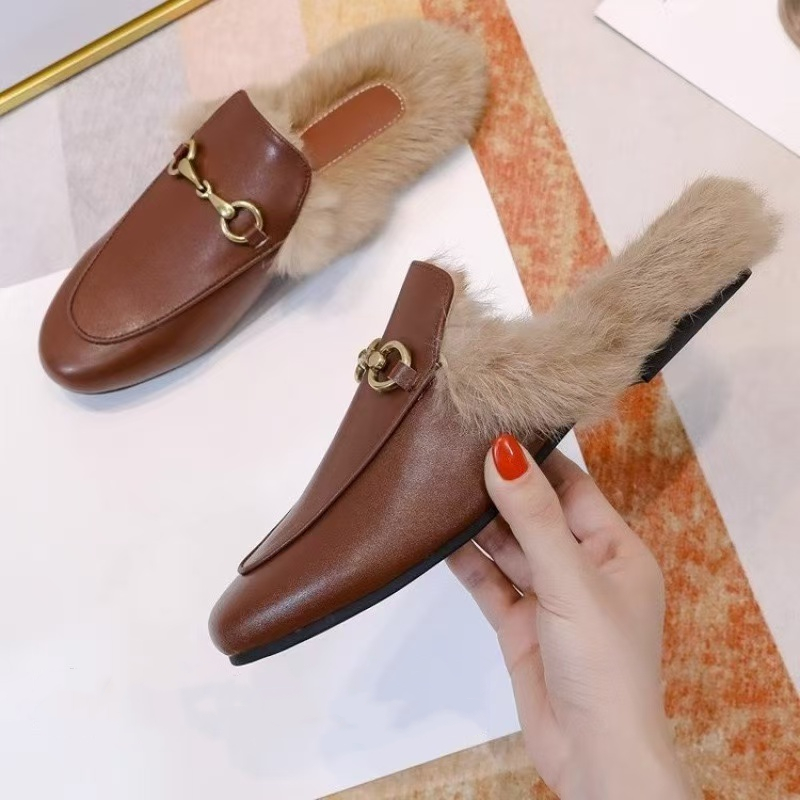 loafers e04b3 Winter plush metal decoration soft soled moccasins sewing solid furry slip on flats women winter nurse work shoes